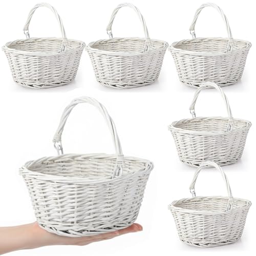 Barydat Small Wicker Basket with Handle Flower Girl Baskets Oval Willow Woven Braided Gift Basket for Weddings Picnic Baby Shower Home Garden Decor(6 Pcs,White,9" x 7" x 4") - color: White, size: 9" x 7" x 4"