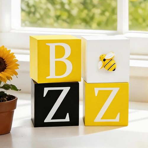 nuvagiki Bee Tiered Tray Decor, Bumble Bee Wooden Block Sign, Farmhouse Rustic Tabletop Decorations for Kitchen Home, Spring Summer Bee Theme Decor - color: Yellow