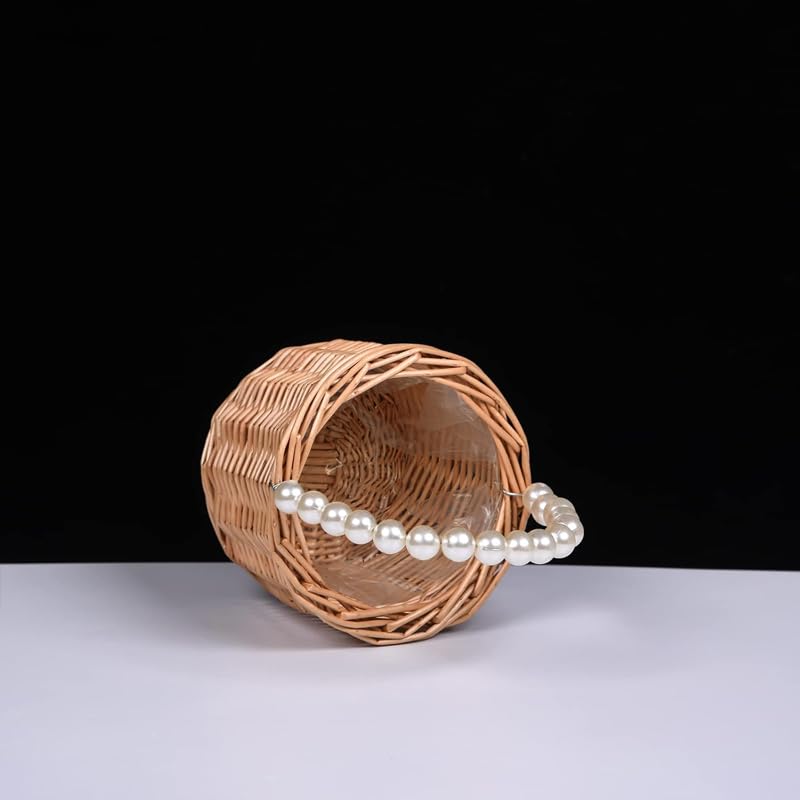 Wicker Rattan Flower Girl Basket,Pearl Handle Flower Basket,Flower Girl Basket for Wedding and Home Decorations.