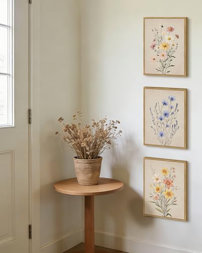 PHOPAGO Vintage Wildflower Bouquet Framed Wall Art Botanical Flower Wall Decor Modern Colorful Floral Living Room Bedroom Hanging Decor - 11x14in Natural Framed - color: Multicolour Floral, size: 14L" x 11W" x 3 Pcs Natural