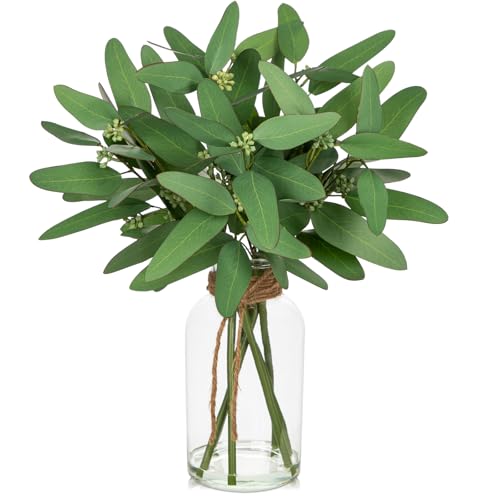 Fake Real-Touch Eucalyptus in Glass Vase with Faux Water – Realistic Faux Greenery Decor, 15.7" Tall, Artificial Eucalyptus Arrangement for Home, Farmhouse, Kitchen, Bathroom, Office - color: Dark Green