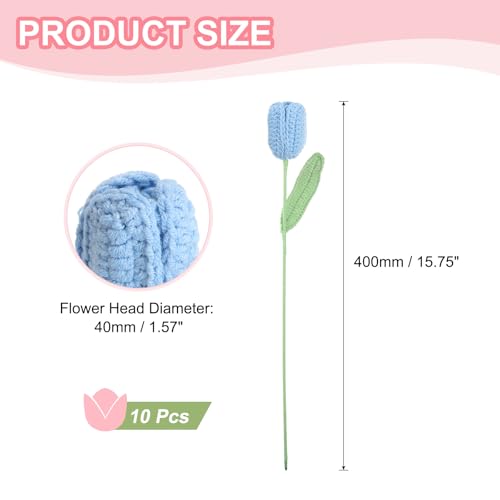 MECCANIXITY Tulip Crochet Flowers, Artificial Knitted Tulip Flower Completed Handmade Tulips Bouquet for Gift Home Birthday Wedding Decoration, Blue Pack of 10 - color: Blue