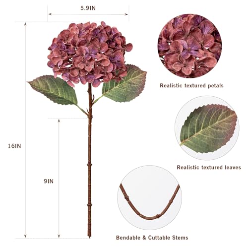 Artificial Flower Fake Silk Hydrangea Heads Bouquet with Stems Bulk for Fall Decoration Table Center Christmas Indoor Outdoor Faux Floral Realistic with Leaves Plants Crafts 8PCS(Rose red) - color: Rose Red