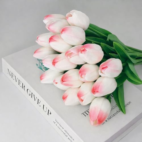 20 Pcs Tulips Artificial Flowers, 13.5'' Real Touch PU Fake Flowers Bouquet for Home Party, Spring Wedding Floral Arrangement, Valentine's, Easter and Mother's Day Decor (White Pink) - color: White Pink