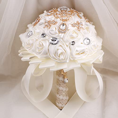 Handmade Brooch Wedding Flowers Bridal Bouquets Crystal Bride Holding Bouquet White Ivory Satin Roses with Diamond Pearl Ribbon (Luxury-Glod) - color: Gold