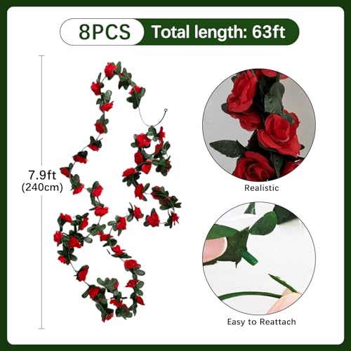 8Pcs 63Ft Red Rose Garland, Fake Flower Vines, Artificial Vine Flowers, Rose Hanging Garland for Party Wedding, Garden, Room Table, Christmas, Backdrop Wall Arch Decor - color: Red, size: 8Pcs-63Ft