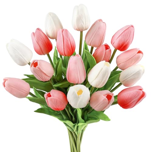 Beferr 18pcs Tulips Artificial Flowers Faux Tulip Real Touch Tulip Fake Flowers Bouquets Arrangements for Mothers Day Spring Easter Wedding Home Table Decor Colorful - color: B-18pcs-3colors-colorful-2, size: 18PCS