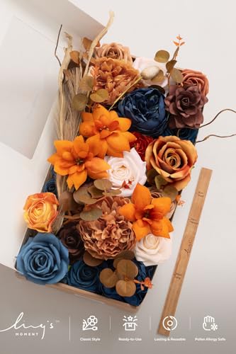 Ling's moment Fake Flowers Box, Faux Artificial Greenery Stems Foam Roses Gardenia Peony Silk Eucalyptus Pampas Fabic Flower for Centerpieces Bouquet Wedding Vase, Orange & Navy, Deluxe Combo - color: Or-orange & Navy, size: Deluxe