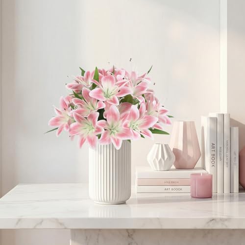 4 Bundles Pink Lily Artificial Flowers 20Heads Fake Lilies with Stems 12.2" Faux Silk Flowers for Wedding Mother's Da Baby Shower Party Easter Home Table Centerpieces Floral Arrangements (Pink) - color: Pink