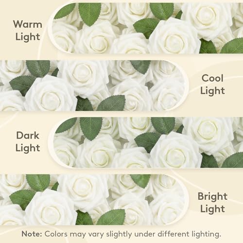Lifewit Artificial Flowers, 50 Pcs Ivory Foam Real Looking Roses with Stems, Fake Roses for DIY Wedding Bouquets, Centerpieces Arrangements, Valentine Decorations - color: Ivory