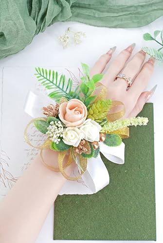 Champagne Gold Corsage and Boutonniere Set Wrist Corsage Wristlet for Prom Groom Flower Boutonniere for Men Wedding Party Homecoming Accessories Suit - color: Champagne Gold