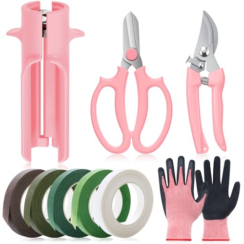 9 Pcs Rose Thorn Remover Set Include 1 Flower Thorn Stripper Tool 5 Floral Tape 1 Flower Scissor 1 Curve Gardening Scissors 1 Pair Gardening Gloves for Valentine Women Mother Gift (Pink) - color: Pink