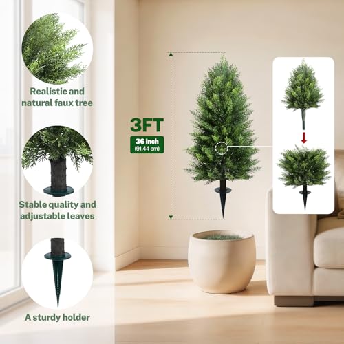 Joyooss 3FT Artificial Cedar Topiary Ball Trees Outdoor Fake Plants Faux Plants Front Porch Decor for Indoor Outdoor Garden Plant 2 Pack Fake Evergreen Bush UV Resistant with Ground Spike - size: 3FT
