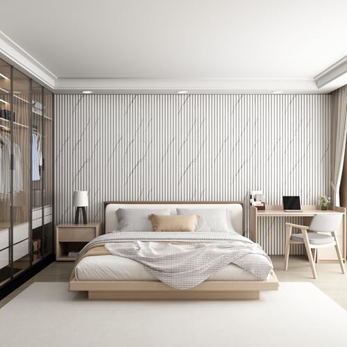 8-Pack WPC Wall Panels 108’’ x 6.1’’ 3D Slat Wall Panel Acoustic Wall Paneling for Interior Wall Decor TV Background Kitchen Bedroom Marble White