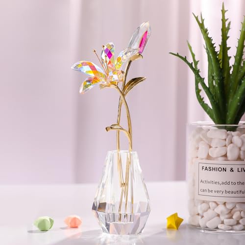 LONGWIN Crystal Artifical Tiger Lily Flowers with Vase - AB Coated Crystal Collectible Figurines Blooming Fake Lily Flower Home and Wedding Decor - color: Ab-coated