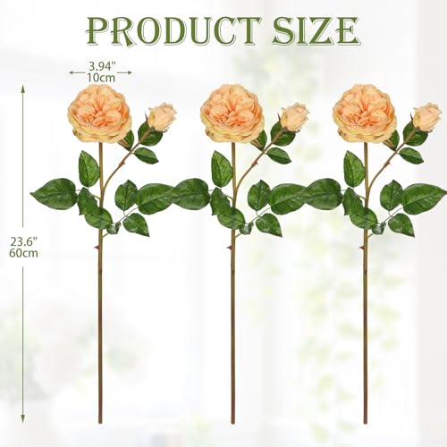 Real Touch Artificial Roses (Set of 3) – 23.6" Long Stem Yellow Garden Roses – Lifelike Faux Silk Flowers for Wedding Bouquets, Home Décor, Centerpieces & Floral Arrangements - color: Golden Yellow, size: 3 PCS