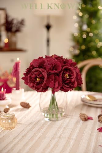 WELL KNOWN Artificial Austin Roses and Hydrangea Petals, 11.5" H Silk Roses Flower Bouquet with Fake Water in Glass Vase, Faux Peony for Home Decor, Table Decor, Weddings, Gift (Red) - color: Classical Red