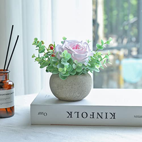 Small Artificial Light Pink Rose Potted Plant, 6" Fake Silk Flowers in 3.5" Round Pot, Mini Faux Floral Arrangement for Desk Shelf Bathroom Decor - color: Light Pink
