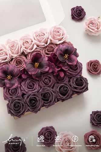 Ling's moment Artificial Flowers Fake Roses Faux Hydrangea Foam Tulip Combo for DIY Wedding Bouquets Centerpieces Arrangements Bridal Shower Party Home Decorations, Plum & Plum Lily, 27pcs - color: Prpl-plum & Plum Lily