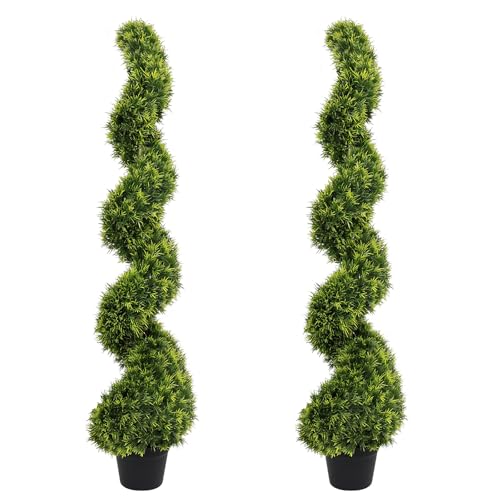 4ft Spiral Boxwood Topiary Trees Artificial Outdoor Set of 2 - UV Resistant Faux Plants for Outside Planters, 48" Fake Twisted Tree for Front Porch Decor - color: Pine Needle, size: 4FT