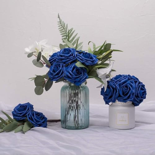 Higfra Artificial Flowers 50 Stems Realistic Roses - Lifelike Fake Flowers for Wedding Bouquets, Baby Shower Decor, Home Centerpieces, DIY Floral Arrangements (Royal Blue, 50pcs) - color: Royal Blue, size: 50Pcs