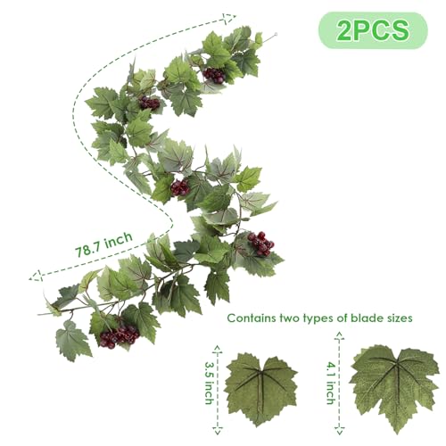 Artificial Grape Vine Leaf Garland Plant with 5 Strings Grapes, 6.5ft Artificial Fake Grape Vines Fake Greenery for Wedding Party Home Indoor Outdoors Decoration(Spring Grape Leaf Garland) - color: Spring Grape Leaf-2pcs
