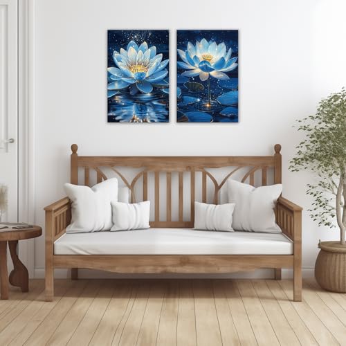 KPLUNDO Blue Lotus Floral Wall Art 2 Panel Blooming Zen Flower Pictures Print Nature Inspired Decor for Living Room Bedroom Yoga Room(Artwork-5,24"x36"x2pcs) - color: Artwork-5, size: 24"x36"x2pcs