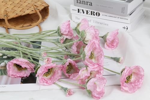 6PCS Pink Poppy Flowers Artificial 26.77in 30 Heads Faux Poppy Flowers Silk Flowers with Long Flocking Stems for Wedding Party Home Office Decoration(Pink) - color: Pink