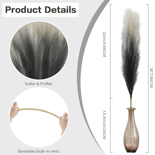 8Pcs 3FT Colorful Faux Pampas Grass for Boho Decor, KALYLOC Non-Shedding Fluffy Artificial Bulrush, Tall Reed Fluffy Stems Vase Filler Living Room Wedding Decoration - color: Black