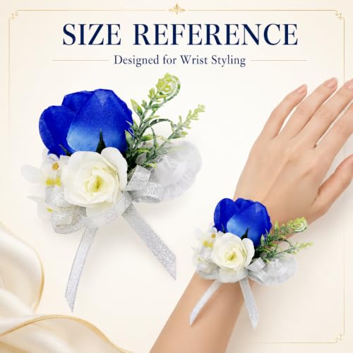 ChezMax Handmade Rose Wrist Flower Artificial Hand Flower with Ribbon 4 PCS for Bride Groom Wedding Prom Party - color: A-blue Wrist Flowers-4 Pcs