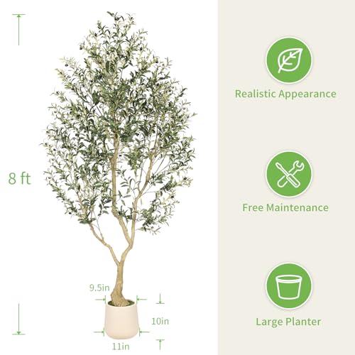 Realead 8ft Faux Olive Tree with Tall Exquisite Planter - Realistic Olive Trees Artificial Indoor with Thick Trunk and Lifelike Fruits - Large Fake Olive Tree for Home Office Decor - size: 8ft