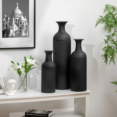 Sziqiqi Black Tall Ribbed Modern Metal Vase Trio - Large 27" Tall x 20" Wide x 16" Deep for Living Room, Bedroom, Kitchen, Corridor - color: Black