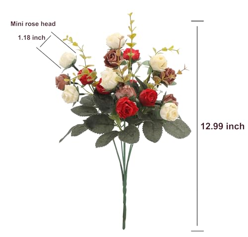Duovlo 7 Branch 21 Mini Rose Heads Artificial Flowers Bouquet Wedding Home Office Decor,Pack of 2 (2 PCS Red) - color: 2 Pcs Red