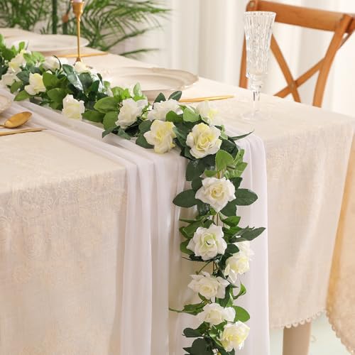 JUSTOYOU 2 Pack (15.8FT) Fake Rose Garland, Artificial Rose Vines Flowers Hanging Silk Rose Vine Wedding Home Backdrop Party Arch Arrangement Decoration - color: Off White+green