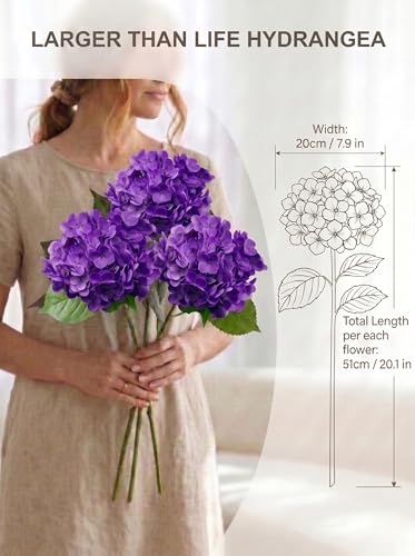 3 Pcs Real Touch Purple Hydrangea Artificial Flowers - 20" Large Jumbo 3D Latex Lilac Faux Hydrangeas for Elegant Home Decor, Wedding Centerpieces, Dining Table Vase Arrangement (Purple) - color: Purple