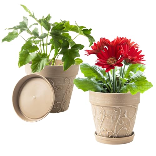 Melphoe Plastic Plant Pots Indoor with Drainage & Saucer, 2Pack 8 inch Flower Pots Outdoor Planters for Indoor Plants Garden Home Decor Cactus Succulent, (NOT-Terracotta) Vine-Embossed - color: Undecorated Pottery Color, size: 8''
