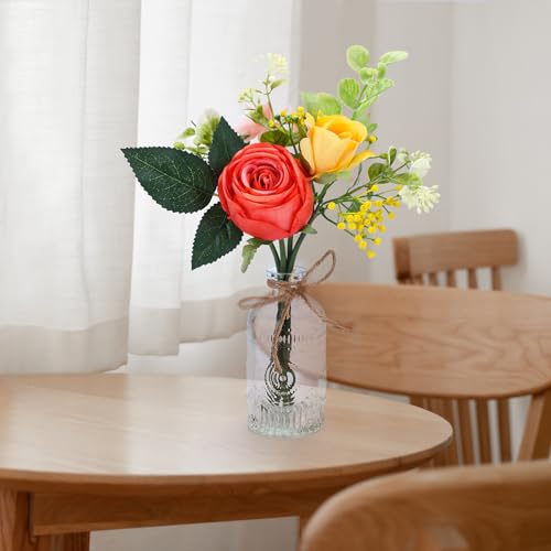 AFRITEE Artificial Flowers with Small Vase - Orange Potted Fall Rose Floral Arrangements Artificial with Small Vase for Home Living Office Wedding Coffee Centerpiece Table - color: Orange Bouquet+relief Vase