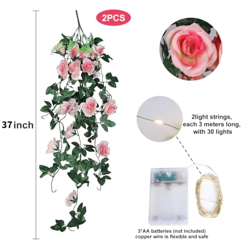RECUTMS Artificia Hanging Rose Flower Plants, 2 PCS 37 Inches Light Pink Fake Floral Ivy Garland with 30 LED Fairy String Lights for Home Garden Wedding Bridal Shower Derby Party Indoor Outdoor Decor - color: Light Pink, size: 2 pcs light