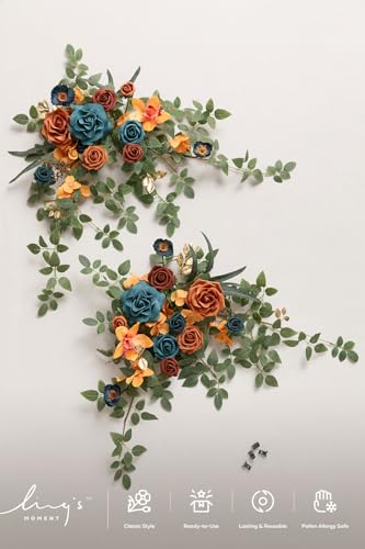 Ling's moment 2pcs Wedding Flowers Garland Artificial Floral Swag Arch Decorations Greenery Arrangements Orange & Teal Ceremony Reception Garden Easel Wall Entryway Outdoor Board(NOT Include Sign) - color: Teal & Orange