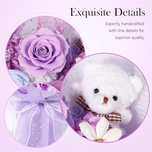 Preserved Flowers Bouquet with Bear, 3 Real Forever Flowers for Delivery, Long-Lasting Purple Eteranl Roses Bouquet, Anniversary Birthday Gifts for Women Mom Her Girlfriend Wife - color: Purple