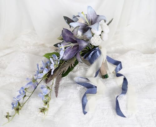 Bridal Bouquet,12 Inch Cascading Wedding Bouquets Bride Bouquets for Wedding Ceremony and Anniversary(Blue) - color: Blue