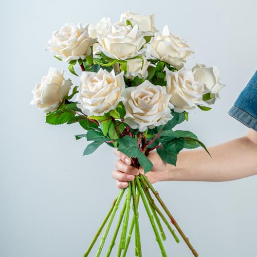 Ttranewsoo Fake Roses Faux Flowers 12PCS Silk Roses Artificial Roses with Stems Realistic Artificial Flowers Suitable for Indoor Home Decoration DIY Bouquet Wedding Decor Party Decor 16.5In (White) - color: White 12pcs