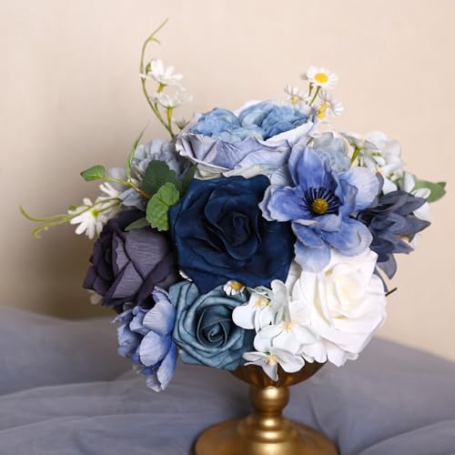 Dusty Blue Roses Silk Artificial Flowers Combo for DIY Bouquet Centerpieces Floral Arrangements, Navy Blue White Faux Flower with Stem Multi Use Wedding Party Home Decorations - color: Dusty Blue White