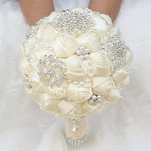 Sharebeauty 7.9 Inch Handmade Satin Rose Bridal Bouquet Toss Round Wedding Bouquet Throw Toss Artificial Flower Bunch Ivory - color: W3217d01 Ivory