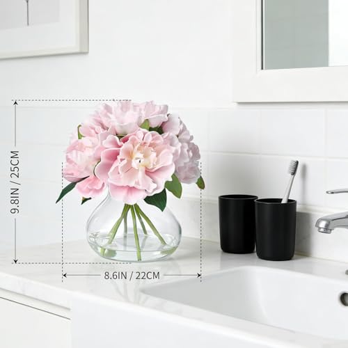 Pink Peony Bouquet in Glass Vase - 6 Piece Artificial Flower Arrangement with Faux Water for Wedding & Home Centerpieces - color: Peony Flowers, size: Pink
