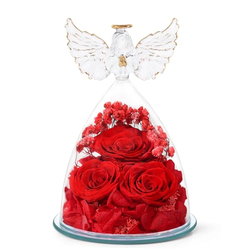 Mothers Day Flowers Gifts for Mom Flowers for Delivery Preserved Flowers Forever Real Fresh Roses in Glass Angel Figurines Birthday Gifts for Women Anniversary Present for Grandma Wife from Daughter - color: Red (Rose, Baby's Breath, Hydrangea)