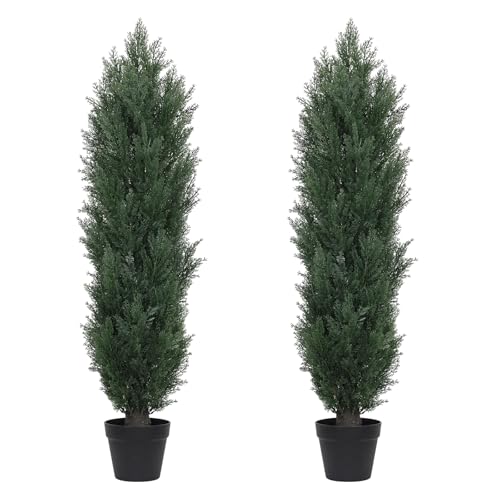THE BLOOM TIMES 4ft Topiary Trees Artificial Outdoor Set of 2, UV Resistant Faux Cedar Pine Cypress Bushes & Shrubs, Fake Plants for Front Porch Outside Planter Patio Decor 4 Foot Tall - color: Dark Green Cedar Trees, size: 4 Foot