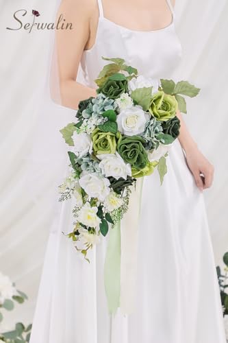 Serwalin 9.8 Inch Wedding Bouquets for Bride Bridesmaid, Spring Green Rose Bridal Bouquets for Bride, Wedding Flowers Bouquet Tossing Bouquet, Ceremony and Anniversary Decor - color: A Spring Green