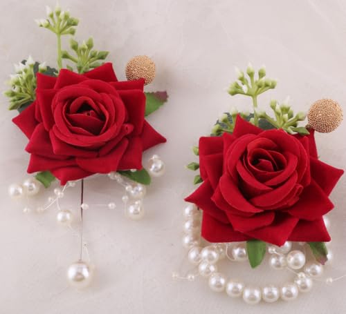 Ruby Red Wrist Corsage and Boutonniere Set for Groom Groomsmen Men Suit Bride Bridesmaid Artificial Flower Wrist Corsage for Wedding Prom Homecoming Party Ruby Red - color: 1 Boutonniere & 1 Corsage (Ruby Red)