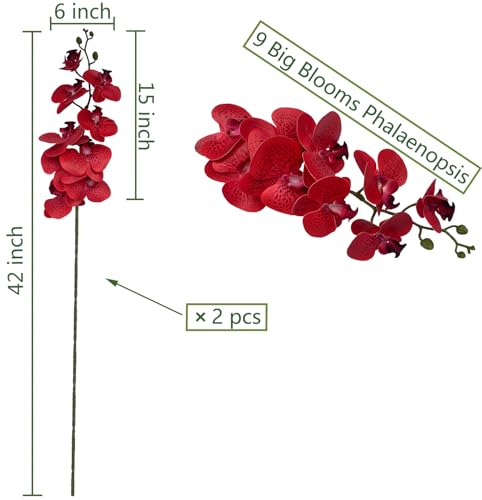 FagusHome Artificial Phalaenopsis Flowers Branches 9 Large Blooms Artificial Orchid Flowers Stem Plants 42 Inches 2 Pcs for Home Wedding Décor (Red Piebald) - color: Red Piebald